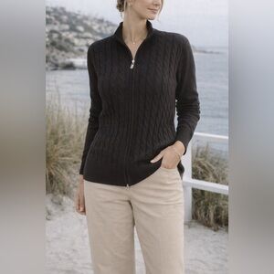 Black Cable Knit Zip-Up Cardigan Size Large Cozy Coastal Grandma Sweater Soft